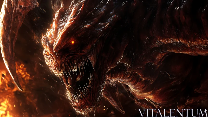 Infernal beast lunging from molten shadows in 3D realism.