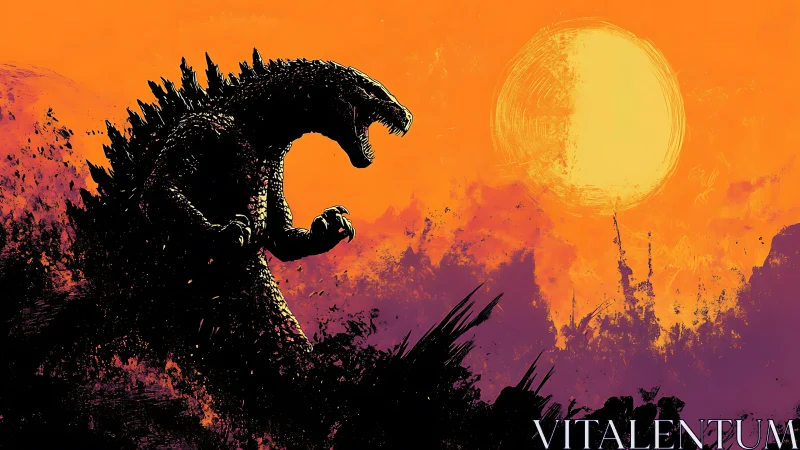 Silhouetted kaiju figure against orange sun and sky backdrop.