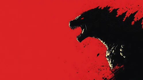 Roaring kaiju silhouette tears across stark red void