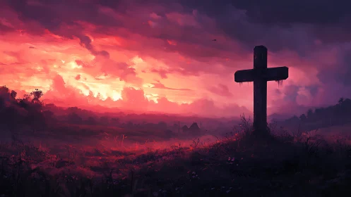 Spectral cross silhouette under volumetric crimson skyfield.