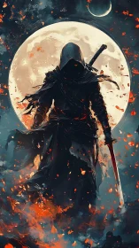 Digital painting of hooded swordsman before lunar inferno.