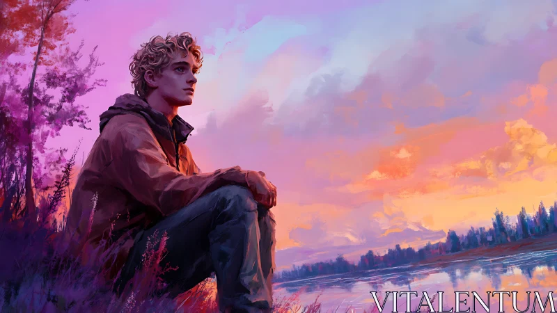 Sunset sky folds around a quiet boy studying tomorrow