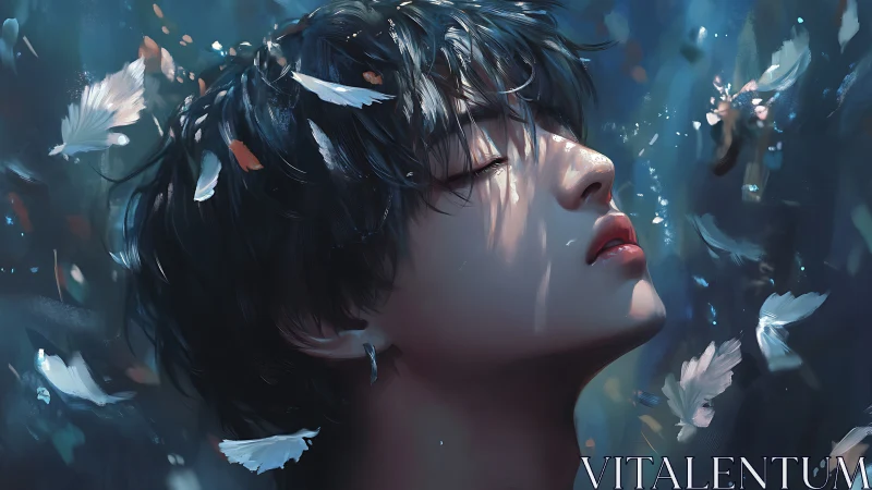 Soft-breath dreamer adrift in luminous falling feathers.