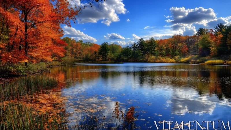 Crimson forests embrace a mirror-still autumn lake under blue skies.