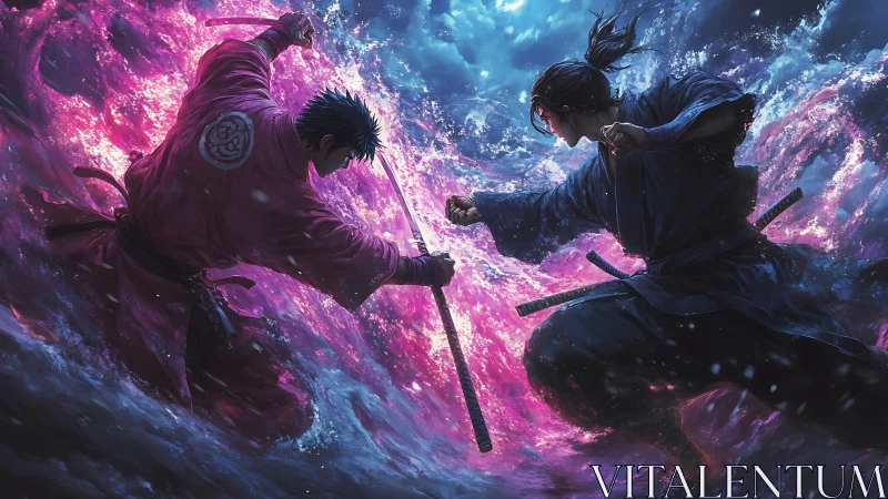 Twin storm samurai carve neon tides in a frozen heartbeat