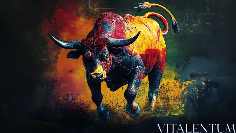 Bull rendered in saturated primary colors on dark ground.