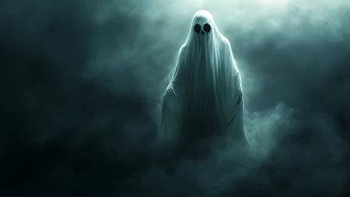 Ghostly wanderer drifting through silver fog at midnight.