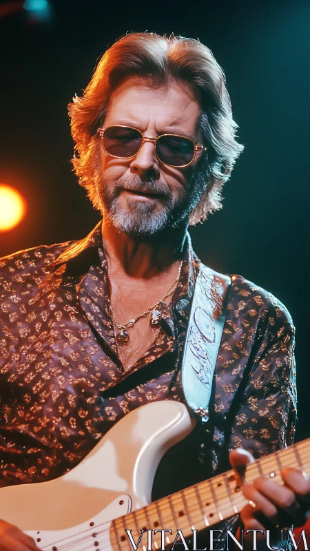 Cool guitarist in sunglasses enjoys playing live on stage