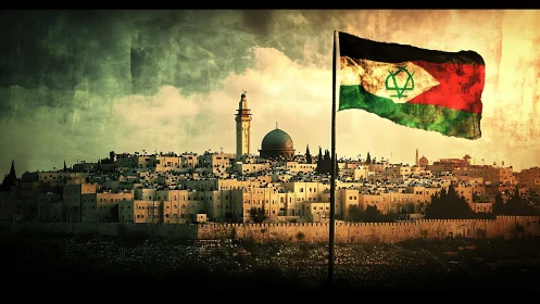 Dramatic historic skyline with stylized national flag.