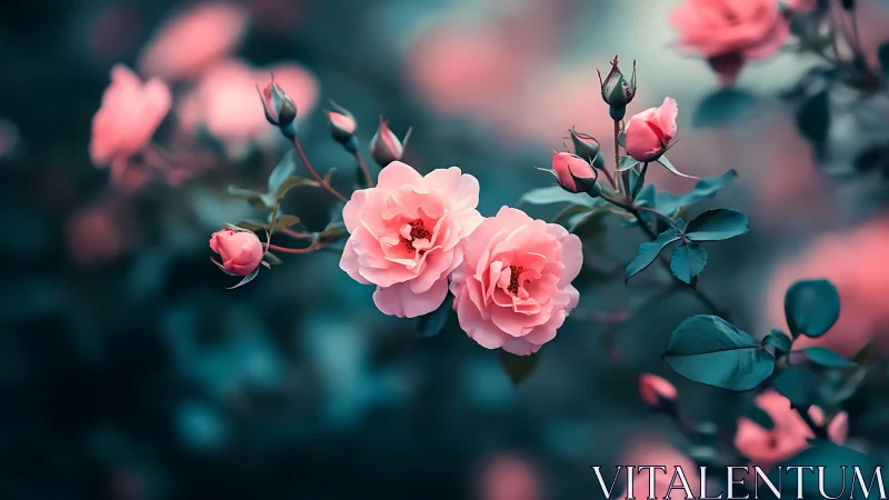 Pink Roses with Bokeh Foliage Against Teal Atmospheric Background