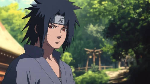 Brooding ninja in quiet forest shrine sunlight moment.