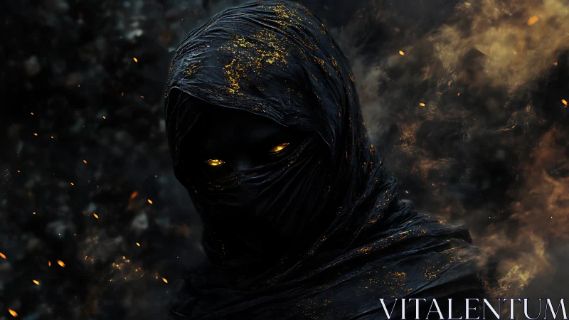 Shrouded ember-eyed figure in charred cloth with glowing particulates