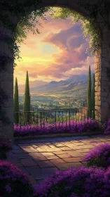 Sunset clouds pour gold over a terrace of violet bloom