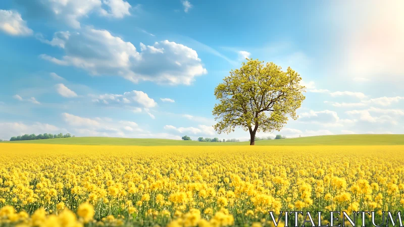 Solitary tree rises over endless golden canola field under sun.