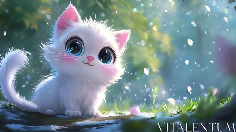 White Fluffy Cat with Pink Ears in Natural Setting