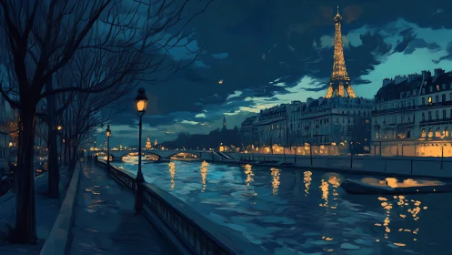 Paris riverside glows under deep blue night sky reflections.