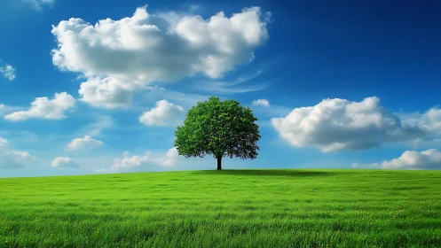 Lone Tree on Lush Green Field Under Blue Sky, Photorealistic Style.