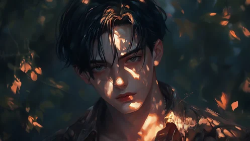 Male portrait with dappled sunlight and autumn foliage.