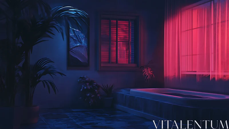 Moody bathroom interior under blue and red neon light.