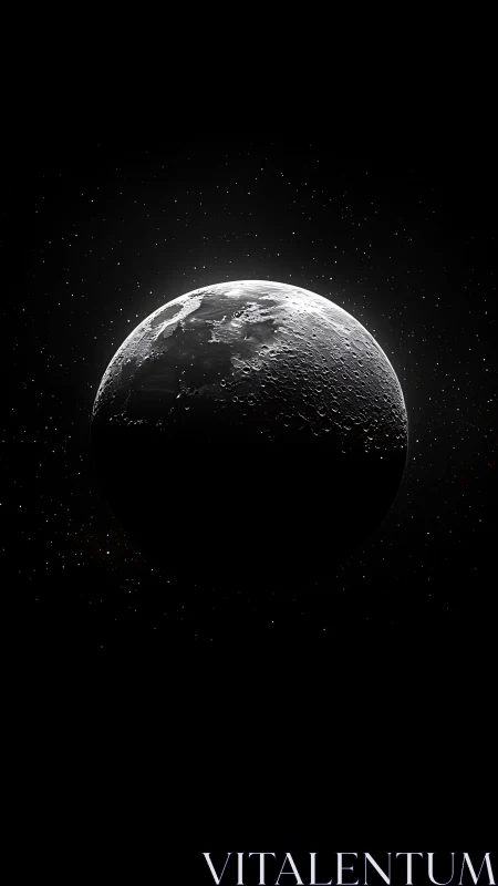 Lunar crescent shoreline in deep space with stark chiaroscuro.