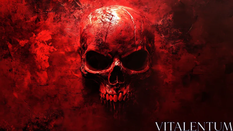 Blood-red demonic skull emerging from textured darkness.