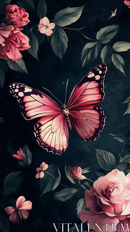 Midnight rose garden crowned by a luminous pink butterfly.