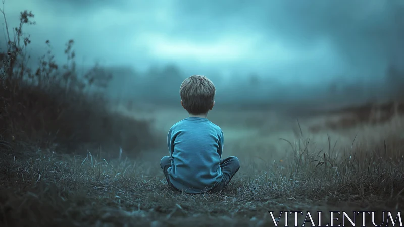 Solitary child in misty blue meadow at twilight.