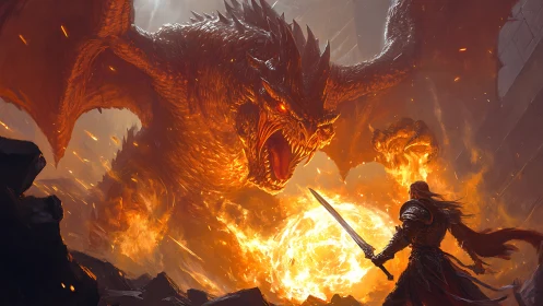 Armored warrior confronts raging fire dragon in molten cavern