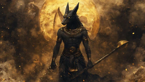 Jackal-headed desert deity under molten lunar eclipse.