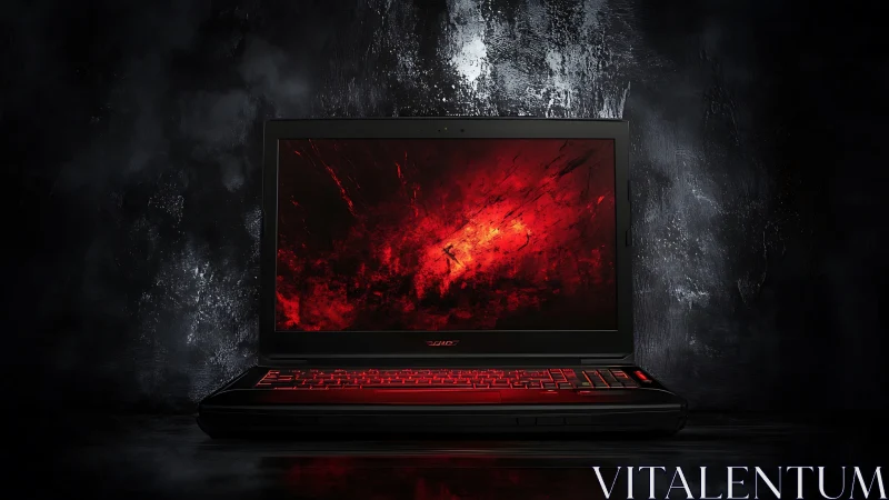 Gaming laptop glows with red backlight against dark textured wall