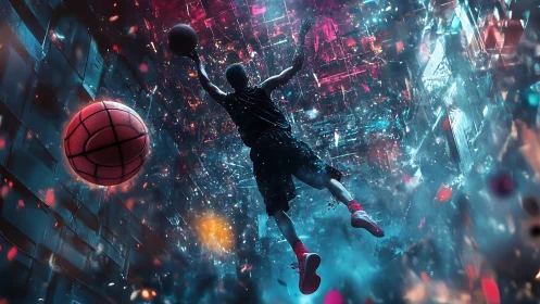 Cyberpunk basketball dunk in glowing digital alleyway.