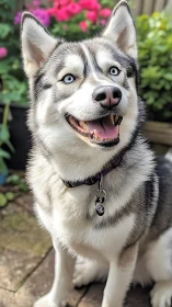 Blue-eyed husky portrait in sunlit garden setting.