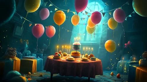 Underground Birthday Party Scene with Floating Balloons.