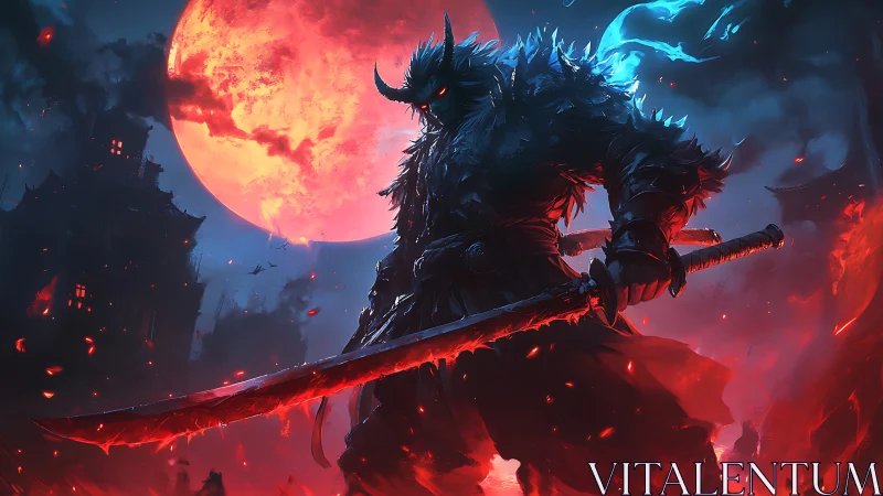 Horned swordsman stands before red moon in fiery scene