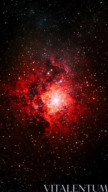 Red emission nebula glows amid dense starfield in deep space