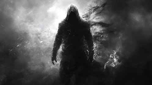 Monochrome hooded wraith rendered in cinematic chiaroscuro digital painting.