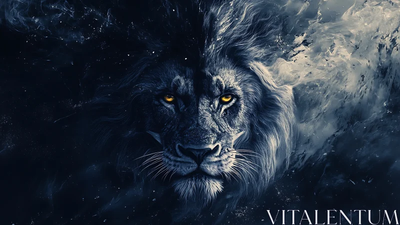 Digitally rendered lion portrait in dark tonal palette.