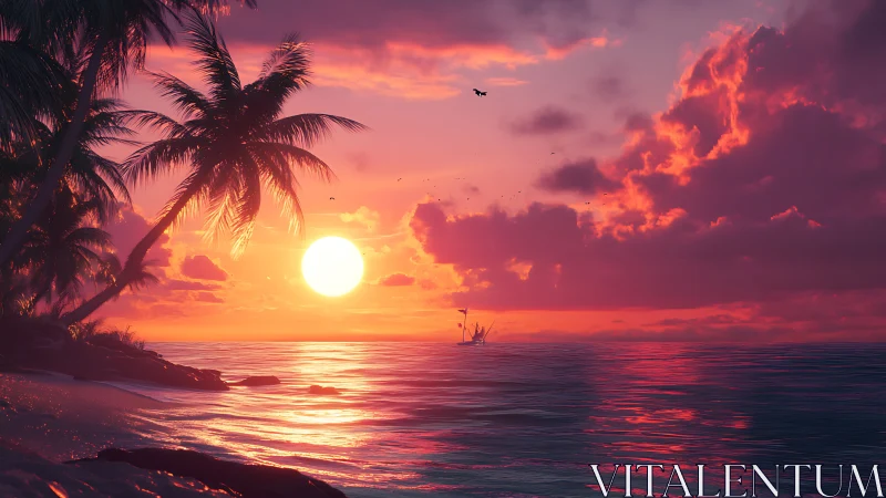 Sunset glow over quiet palms and a softly blushing sea.