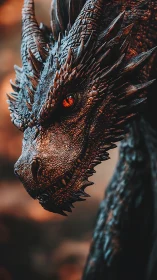 Fiery-eyed dragon gazes forward with fierce, quiet power