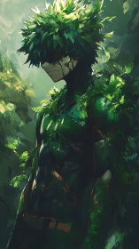 Forest guardian warrior stands cloaked in living leaves.