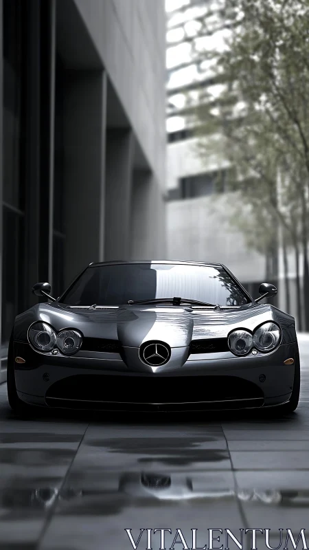 Silver Mercedes sports car parked in modern city plaza.