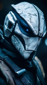 Weathered exo-ranger with icy visor and cobalt stare.