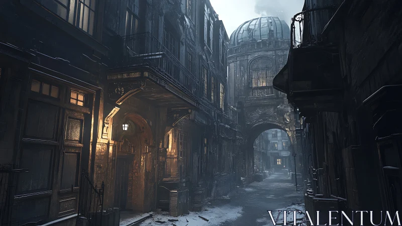 Dystopian urban alley with illuminated storefront beneath dome structure