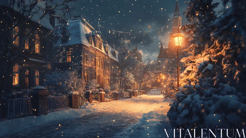 Snowy town street glows under warm lamplight at nightfall.
