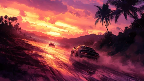 Sports cars race along wet tropical coast at vivid sunset