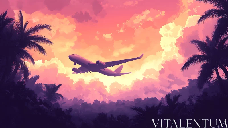 Sunset airplane drifts over tropical palms in glowing sky