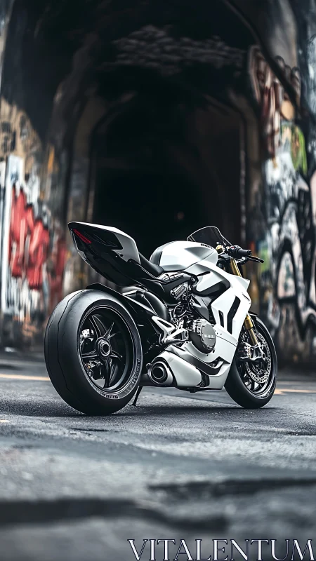 Sport motorcycle stands on urban street before dark tunnel