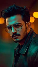 Man in glasses and leather jacket in moody teal light.