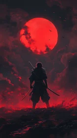 Silhouetted swordsman under large red moon in dark sky.