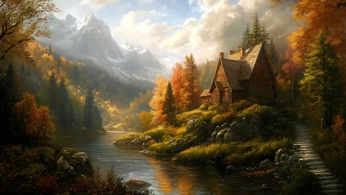 Riverside wooden cabin in autumn forest below mountain range.